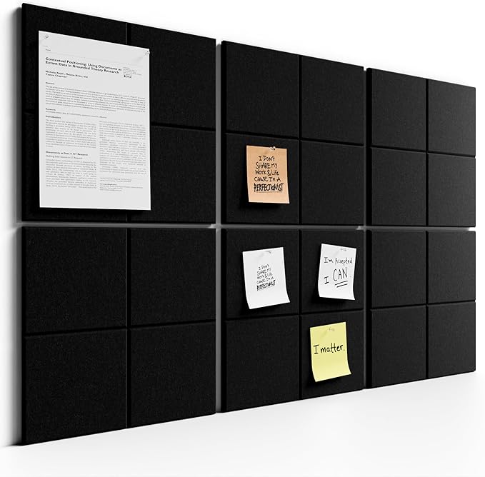 Bumusty Large Felt Bulletin Board, 36" x 24" Cork Board Alternative, 6-Pack Wall Tiles with 4-Compartment Design, 30 Push Pins, 40 Adhesive Tabs, Ideal for Office & Home Decor, Black