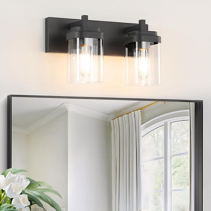 Vanity Light Fixture,2-Light Vanity Light for Bathroom,Matte Black Bathroom Vanity Lighting Over Mirror with Square Clear Glass Shade for Restroom
