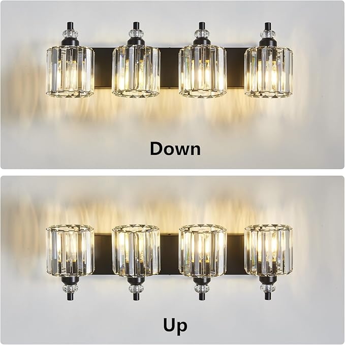 4-Light Black Bathroom Light Fixtures Over Mirror Modern Vanity Lights Crystal Wall Sconce Vintage Bathroom Lighting with Crystal Shade E26 Base for Bedroom, Living Room, Hallway
