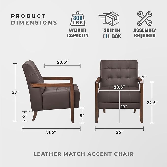 Lexicon Modern Accent Chair, Luxury Genuine Leather Match Living Room Chair with Tufted Cushions, Solid Wood Frame and Arm Rest, Comfy Upholstered Single Seat for Bedroom/Reading/Office, Dark Brown