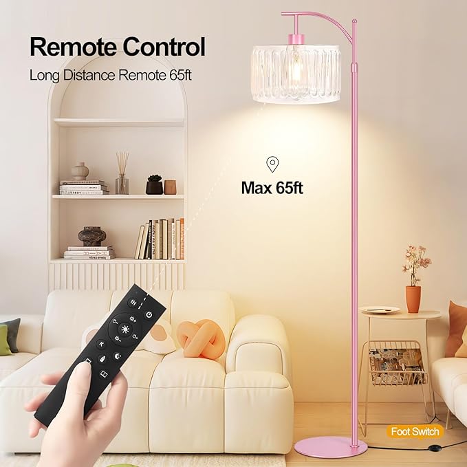 Pink Floor Lamp for Living Room,Bedroom,Gold Dimmable Standing Lamp with Remote,Mid Century Modern Brass Tall Lamp Boho Floor Lamps Arc Stained Glass Flower Floor Light Lamp Girls kids Bohemian