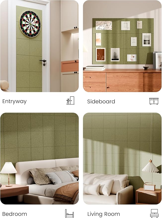 Bumusty Large Cork Board 48" x 36" Alternative - 12 Pack Felt Wall Tiles with 70 Safe Removable Adhesive Tabs, 30 Pushpins, Cork Boards for Walls Pin Board Bulletin Board Office Decor (Olive Green)