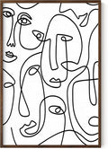 Abstract Face Pattern Wall Art Collage of Modern Faces Continuous Line Drawing 24x36 Inch Oak Wood Walnut Framed Artistic Aesthetic Print for Living Room