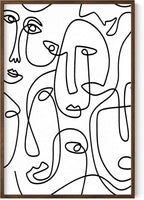 Abstract Face Pattern Wall Art Collage of Modern Faces Continuous Line Drawing 24x36 Inch Oak Wood Walnut Framed Artistic Aesthetic Print for Living Room
