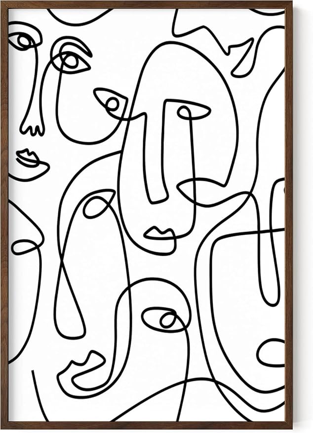 Abstract Face Pattern Wall Art Collage of Modern Faces Continuous Line Drawing 24x36 Inch Oak Wood Walnut Framed Artistic Aesthetic Print for Living Room
