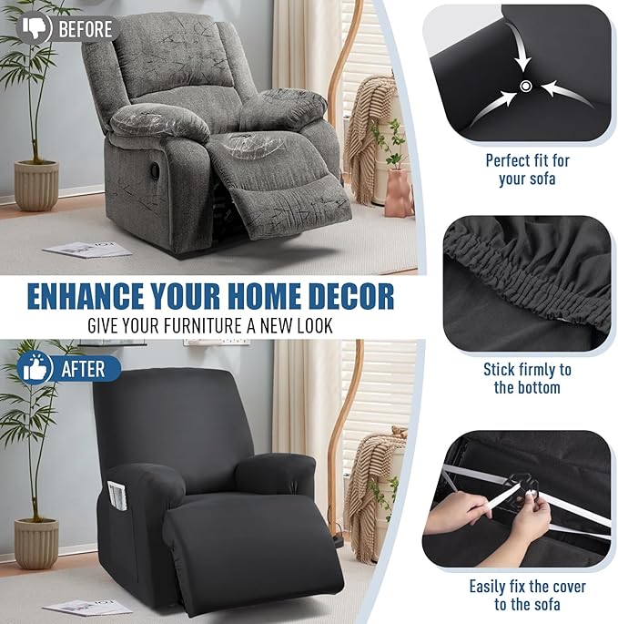 TAOCOCO Oversized Recliner Chair Covers 4-Pieces, Stretch Recliner Cover for Large Recliner Washable Reclining Chair Cover Polyester Soft Fabric Furniture Protector (Oversized Recliner, Black)