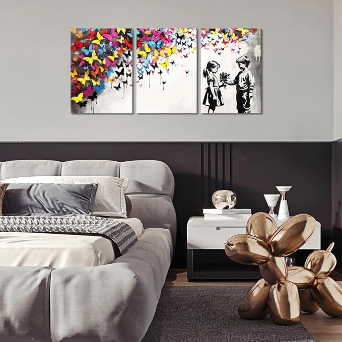 Novatique Banksy Canvas Wall Art for Bedroom Street Graffiti Wall Art Colorful Butterfly Painting Canvas Prints Pop Art Wall Decor for Living Room Office,12" x 16" x 3Pcs