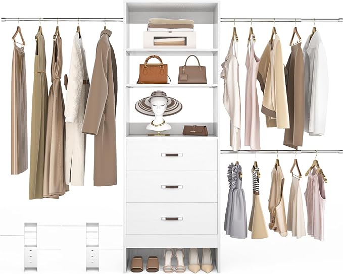 96'' Closet Organizer System with 3 Hanging Rods, 8FT Closet Organizers and Storage with 3 Wooden Drawers, Built in Closet Organizer Systems, Adjustable Walk-in Wardrobe from 5-8FT, White