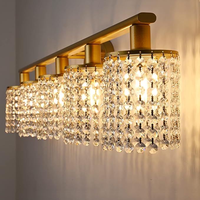 5-Light Vanity Light, Crystal Gold Vanity Lights Over Mirror, Gold Bathroom Light Fixtures
