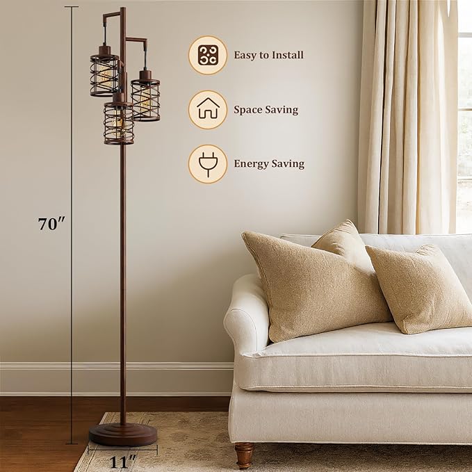 Oneach 70" Industrial Floor Lamp, Stepless Dimmable Standing Lamp with 3 Bulbs, Farmhouse Corner Standing Tree Lamp for Living Room, Tall Lamps for Bedroom, Office, Study Room, Dining Room