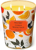 HomeLights Scented Candles | Large Jar 34 Oz Natural Soy Candle | 130 hrs Long-Lasting with 3 Wicks | Eclectic Mixed Styles Home Decor | Gifts for Mom & Women, Citrus Wood Sage