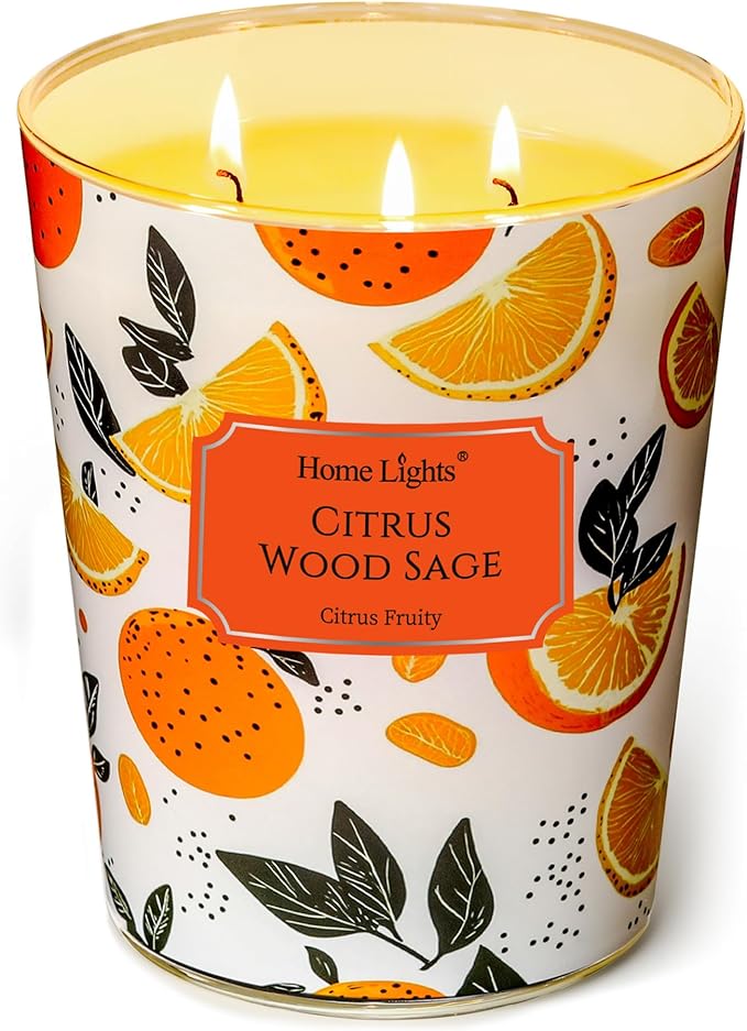 HomeLights Scented Candles | Large Jar 34 Oz Natural Soy Candle | 130 hrs Long-Lasting with 3 Wicks | Eclectic Mixed Styles Home Decor | Gifts for Mom & Women, Citrus Wood Sage