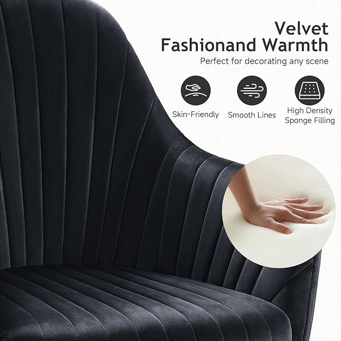 Warmiehomy Velvet Desk Chair for Home Office, Modern Adjustable Swivel Task Chair, Women Vanity Chairs with Arm Rest for Bedroom Dressing Room, Black