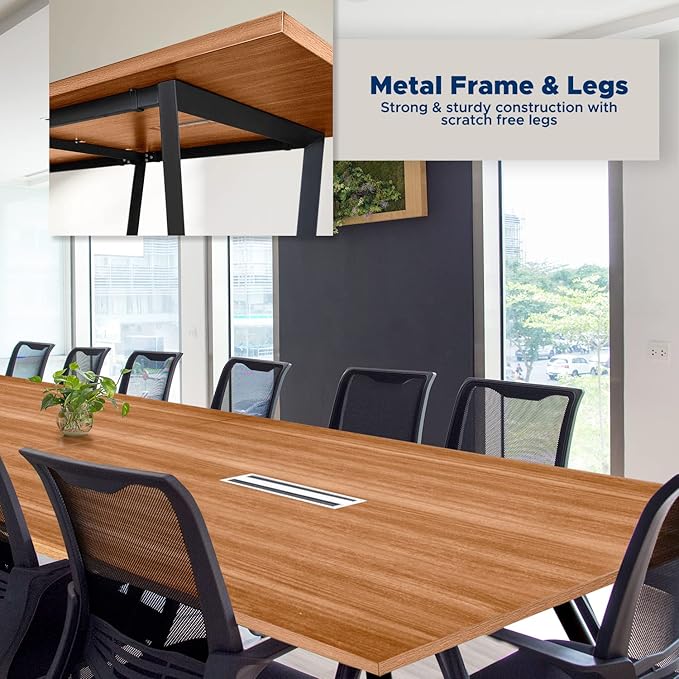 Sturdy Conference Table with Cable Management Grommets Modern Rectangle Office Meeting Table with Wood Tabletop and Metal Frame & Legs- Easy Assembly Boardroom Table (Natural, 12 Foot)