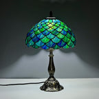 Tiffany Style Table Lamp Vintage Stained Glass Desk Lamp Sea Blue Fish Scales Bedside Reading Light Decor Bedroom Living Room Home Office D12 xH18