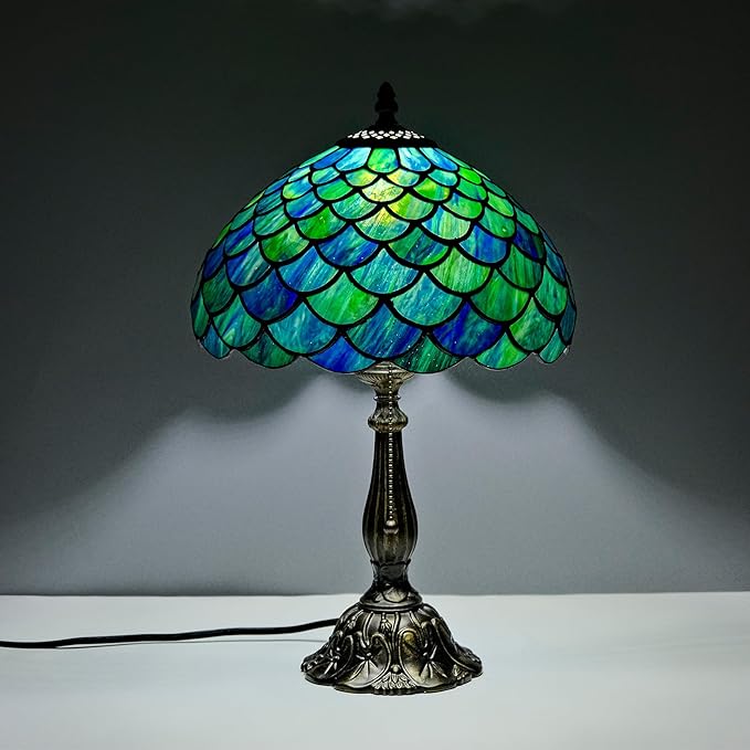 Tiffany Style Table Lamp Vintage Stained Glass Desk Lamp Sea Blue Fish Scales Bedside Reading Light Decor Bedroom Living Room Home Office D12 xH18