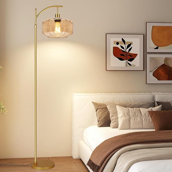 Gold Floor Lamps for Living Room Vintage Floor Lamp with Remote Control,Dimmable Floor Lamp Glass Mid Century Modern Standing Lamp 3 Color Temperature Brass Tall Floor Lamps for Bedroom Corner