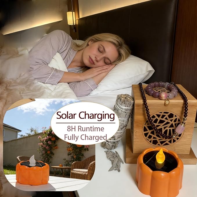 Bamboo Incense Burner & Sage Holder, Multi-Use Incense Holder with Solar & Flameless Candles, Solar LED Ambient/Mood Light, Solar Candle Lights, LED Night Light Bedside Lamp, 8-12H Charging