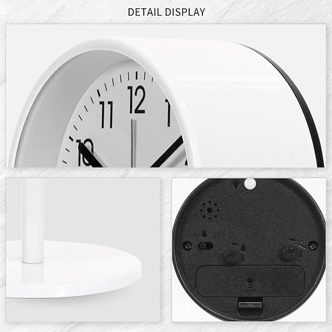 QIYAODECO® 3.2" Analog Alarm Clock,Small Retro Desk Clock Battery Operated,Slient Metal Table Clock with Light for Living Room Decor,Bedroom,Bedside,Shelf (White)