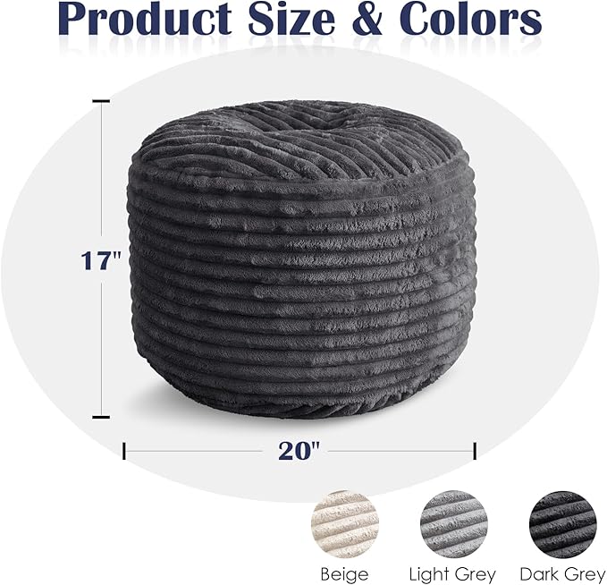 Round Pouf Ottoman,Corduroy Poufs with Memory Foam Filling for Foot Rest,Soft Footstool for Living Room,20"x 17",Dark Grey