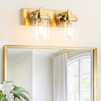 Vanity Light Fixture,2-Light Vanity Light for Bathroom,Brushed Gold Bathroom Vanity Lighting Over Mirror with Square Clear Glass Shade for Restroom