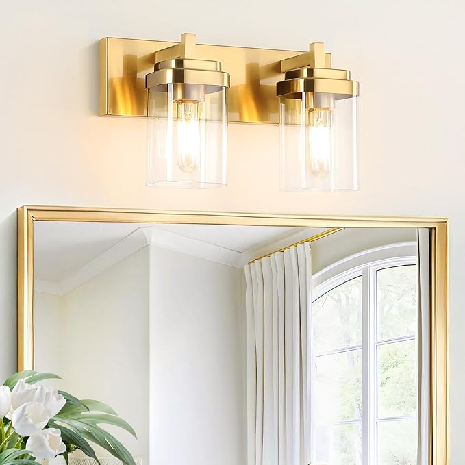 Vanity Light Fixture,2-Light Vanity Light for Bathroom,Brushed Gold Bathroom Vanity Lighting Over Mirror with Square Clear Glass Shade for Restroom