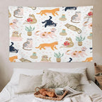 VUMIVI Cute Cat Tapestry Kids Hand-Painted Doodles Colorful Illustrations Potted Plants Paw Prints Tapestry Wall Hanging for Living Room Bedroom Dorm Classroom Aesthetic Decor W60xL40in