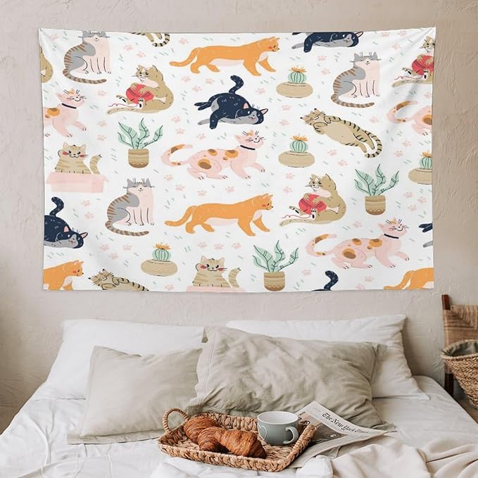 VUMIVI Cute Cat Tapestry Kids Hand-Painted Doodles Colorful Illustrations Potted Plants Paw Prints Tapestry Wall Hanging for Living Room Bedroom Dorm Classroom Aesthetic Decor W60xL40in