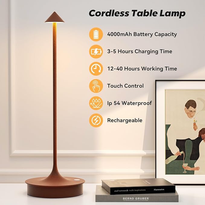 Set of 2 Small Cordless Table Lamp Rechargeable, Battery Operated Desk Lamp, 4000mAh LED Touch Lamp, Dimmable Portable Outdoor Waterproof Wireless Table Light for Restaurants/Bars/Outdoor(Brown)