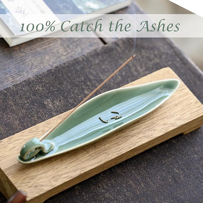9" Length Incense Stick Holder with 3 Holes, White Porcelain Incense Tray Ash Cather for Spa, Meditation Room, Yoga, Home, Office (Green)