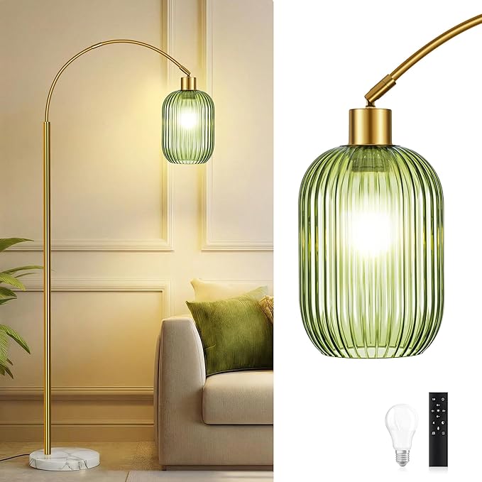 COTTHOS Floor Lamp for Living Room, Modern Gold Lamp with Ribbed Glass Lampshade Marble Base, 68” Glass Tall Lamp with Remote Control and Pedal Switch for Bedroom (6000K LED Bulb Included)