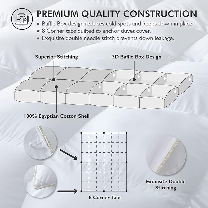 Luxurious White Solid Heavy Weight, King Size Goose Feathers Down Comforter for Winter Weather Duvet Insert, Premium Baffle Box, 100% Egyptian Cotton Cover, 70 oz. Fill Weight