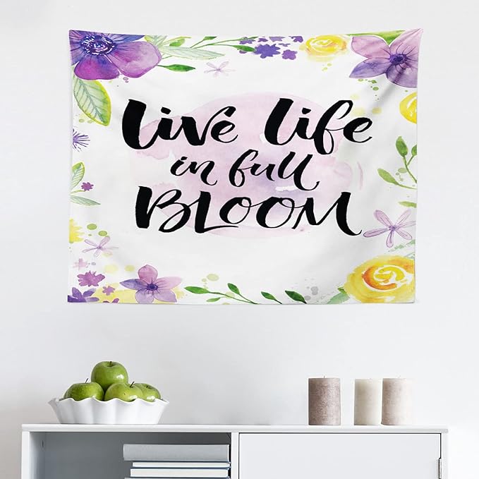 Ambesonne Lifestyle Tapestry, Live Life in Full of Blooms Words with Floral Violets Print, Fabric Wall Hanging Decor for Bedroom Living Room Dorm, 28" X 23", Purple Yellow