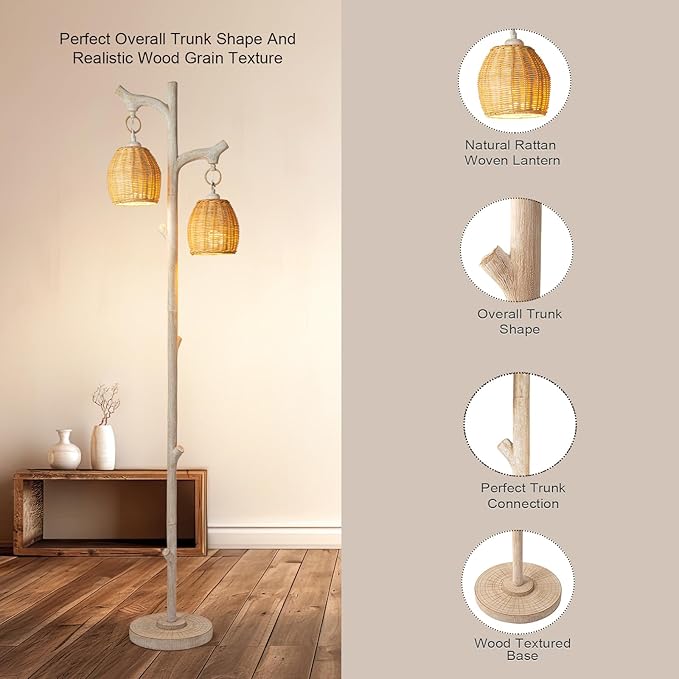 Scenekoy 68" High Farmhouse Rustic Country Cottage Floor Lamp Tree Trunk Faux Wood Column White Washed Wicker Drum Shade Decor for Living Room Bedroom Reading Room