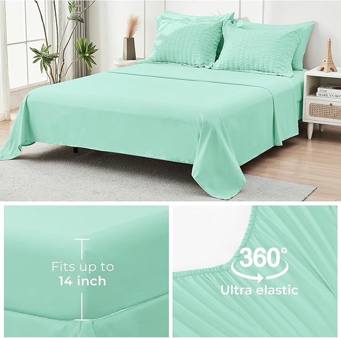 HYMOKEGE Mint Green King Size Comforter Set Seersucker 7 Pieces, All Season Luxury Bed in a Bag for Bedroom, Bedding Set with Comforter, Sheets, Pillowcases & Shams