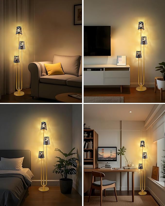 3-Light Gold Floor Lamp for Living Room, Unique Candle Holder Style Tall Standing Lamps for Bedroom, 3000K Warmwhite Mid Century Modern Floor Lamp for Home Office(Bulbs Included)