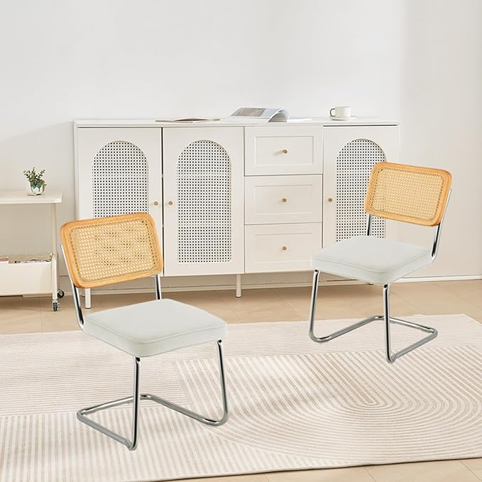 VEVOR Rattan Chairs Set of 2, Mid Century Modern Dining Chair, Upholstered Velvet Accent Chair with Rattan Back, Retro Dining Room Kitchen Chair for Living Room, Bedroom (18.1 Inch)