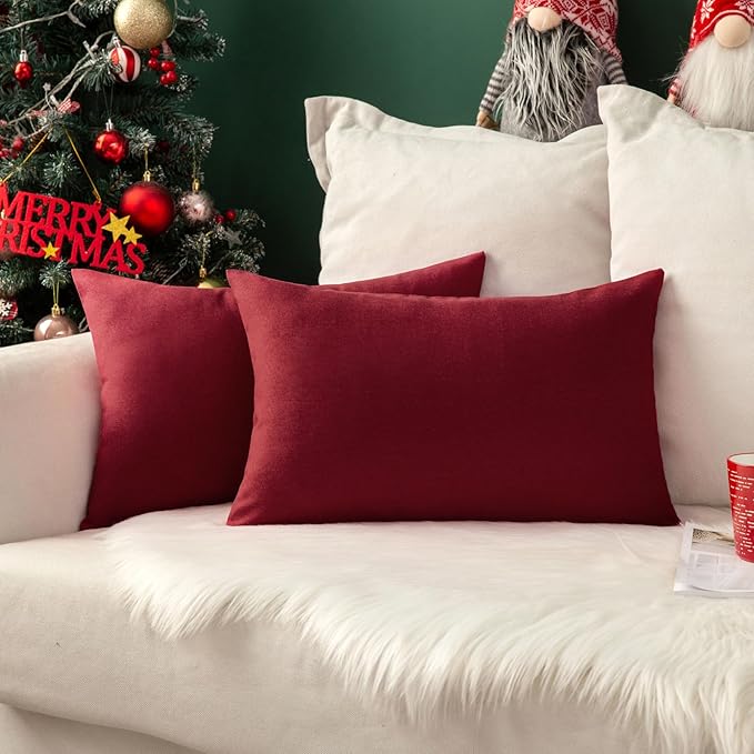 MIULEE Pack of 2 Decorative Outdoor Solid Waterproof Throw Pillow Covers Christmas Faux Linen Garden Farmhouse Cushion Cases for Patio Tent Balcony Couch Sofa 20x12 Inch Wine Red