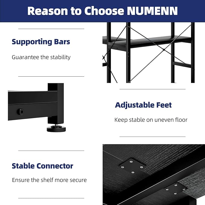 NUMENN 5 Tier Corner Bookshelf, Wood and Metal Bookcase Storage Shelf, Tall Corner Cabinet for Living Room, Bedroom, Home Office and Kitchen, Black