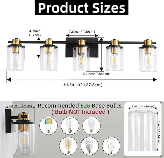 LOUSACE 5 Light Bathroom Vanity Light Black and Gold Bathroom Lighting Fixtures Over Mirror with Clear Glass, Brushed Gold Socket Wall Vanity Lighting Fixtures for Bedroom Living Room