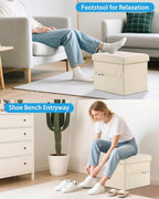 Ottoman with Storage Foot Stool, 17 Inches Folding Storage Ottoman, Leather Upholstered Ottomans Foot Rest with Side Pockets, Suitable for Living Room, Bedroom, Cafe, Beige
