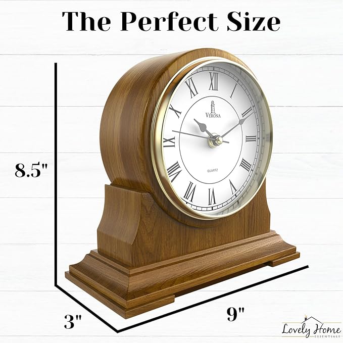 Mantel Clock for Living Room - Decorative Wood Mantle Clock Battery Operated - Silent Wooden Mantle Clock for Living Room Decor Above Fireplace Mantel, Office, Table, Shelf & Home Décor Gift 9x8.5