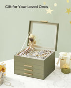 SONGMICS GISELLA Collection - Jewelry Box Organizer, 4-Layer Jewelry Storage with 3 Drawers, Shiny Metal Hardware, Glass Lid, Modern, 8 x 9.1 x 6.5 Inches, Avocado Green and Gold Color UJBC173C02