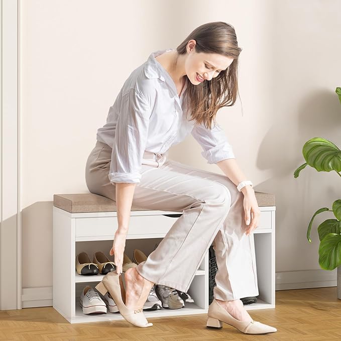 Apicizon 31 Inches Storage Bench, Shoe Bench with Flip Top Storage Space and Padded Cushion, Wooden Entryway Bench for Entryway, Living Room, 2-Tier Shoe Rack Organizer, White