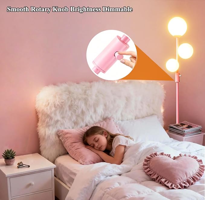 Fiqevs Modern Pink Globe Floor Lamp with Frosted Glass Shade and LED Bulbs, Dimmable Elegant Standing Lamp with Foot Pedal, Tall Pole Lamp for Girls Room, Bedrooms, Office