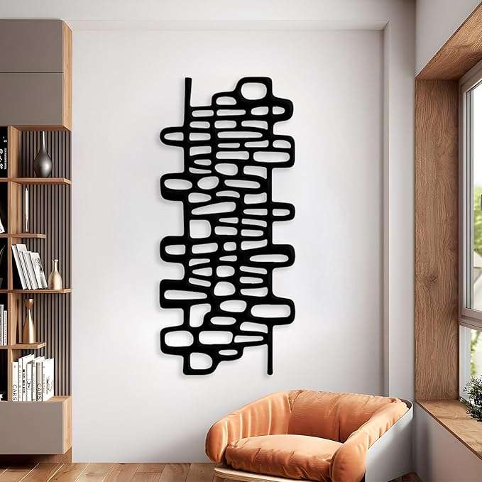 Cadeali Abstract Geometric Metal Wall Art, Modern Circles Metal Decor, Minimalist Line Art, Long Narrow Sign, Luxury Modern Artwork for Living Room, Farmhouse, Office (Silver, 41"x19" | 105x48cm)