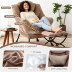 Lazy Chair with Ottoman, Modern Accent Chair with Lumbar Pillow, Velvet Khaki Sofa, Lounge Chairs with Folding Footrest, Oversized Supportive Chairs for Bedroom, Reading