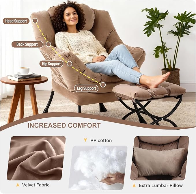 Lazy Chair with Ottoman, Modern Accent Chair with Lumbar Pillow, Velvet Khaki Sofa, Lounge Chairs with Folding Footrest, Oversized Supportive Chairs for Bedroom, Reading