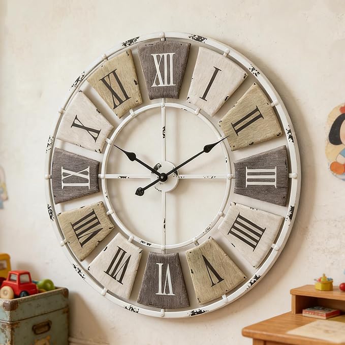 Distressed Metal Wall Clock 32 Inch, Industrial Vintage Roman Numerals, Weathered Iron Frame Farmhouse Office Cafe Decor
