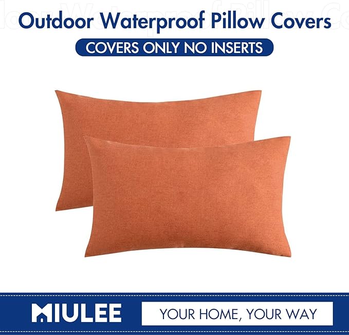 MIULEE Pack of 2 Decorative Outdoor Solid Waterproof Throw Pillow Covers Faux Linen Garden Farmhouse Cushion Cases for Summer Patio Tent Balcony Couch Sofa 20x12 Inch Orange